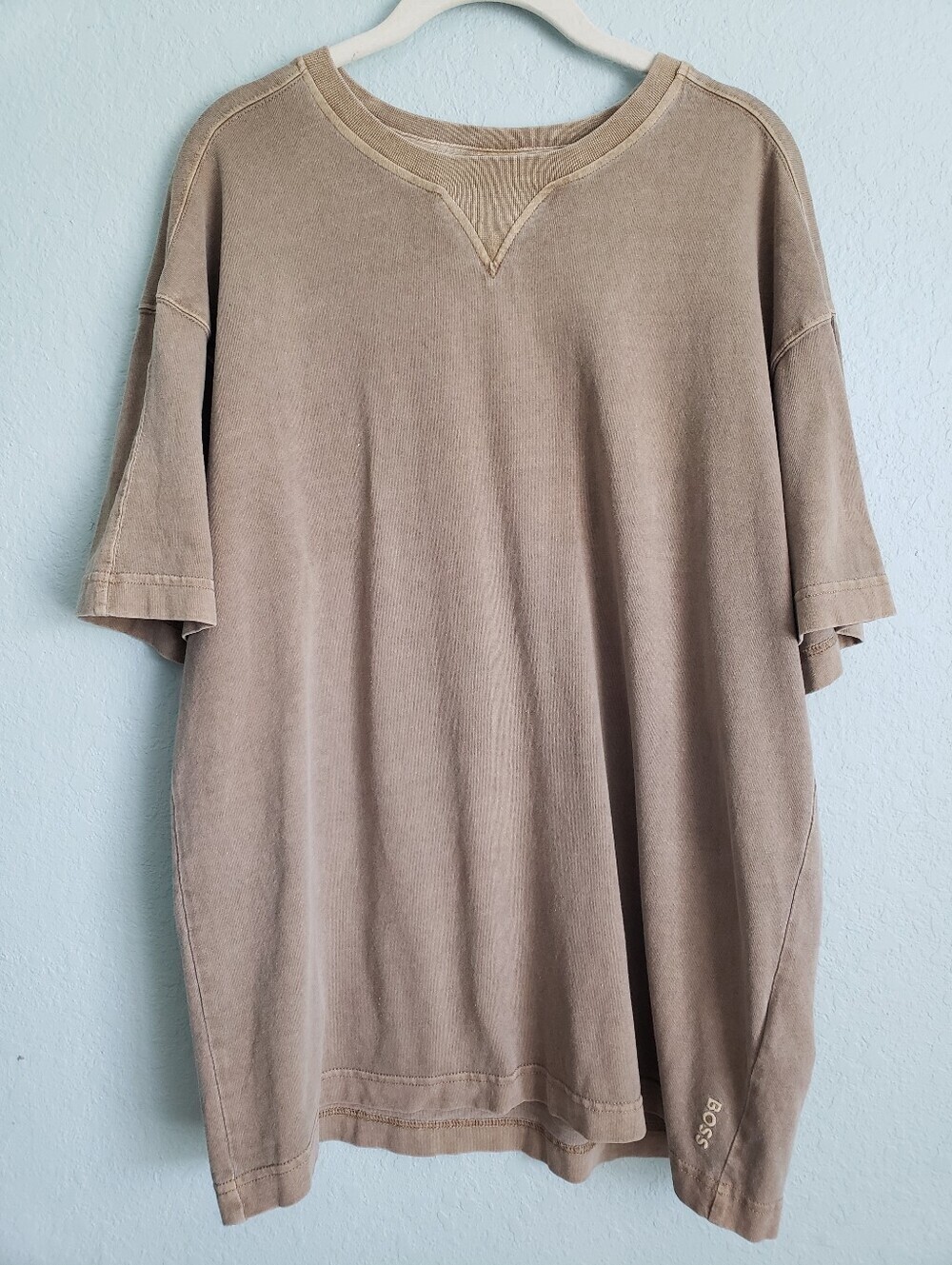 BOSS Vintage Washed Camel Taupe Embroidered Oversized Short Sleeve Tee